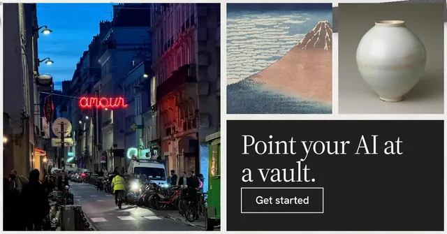 Social ad for Curatively: "Point your AI at a vault." Editorial style, collage layout, dark palette in grey, black.