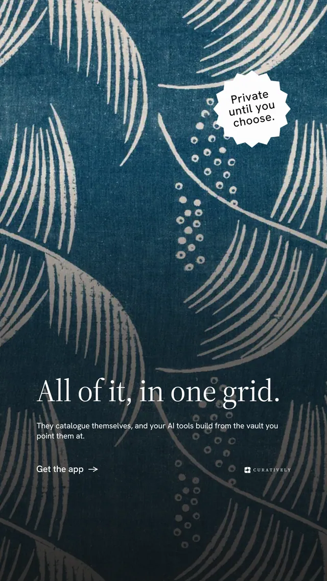 Instagram story for Curatively: "All of it, in one grid." Minimal luxury style, sticker layout, dark palette in black, blue, grey.