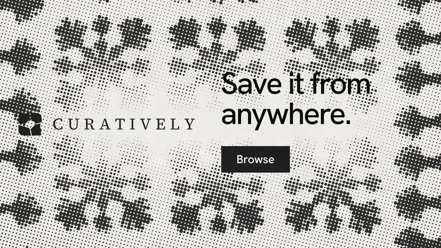 Landscape graphic for Curatively: "Save it from anywhere." Swiss style, logo hero layout, light palette in white, grey.