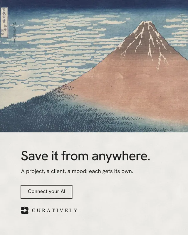 Instagram portrait post for Curatively: "Save it from anywhere." Editorial style, bottom layout, light palette in grey, white.