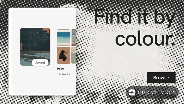 Landscape graphic for Curatively: "Find it by colour." Retro print style, right layout, light palette in grey, white.