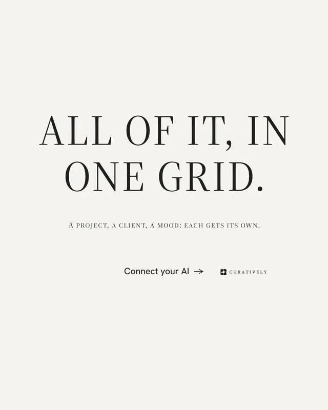 Instagram portrait post for Curatively: "All of it, in one grid." Minimal luxury style, smallcaps layout, light palette in white.