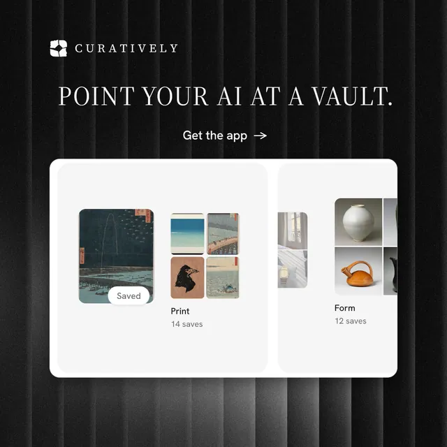 Instagram post for Curatively: "Point your AI at a vault." Minimal luxury style, skeleton layout, dark palette in white, black, grey.