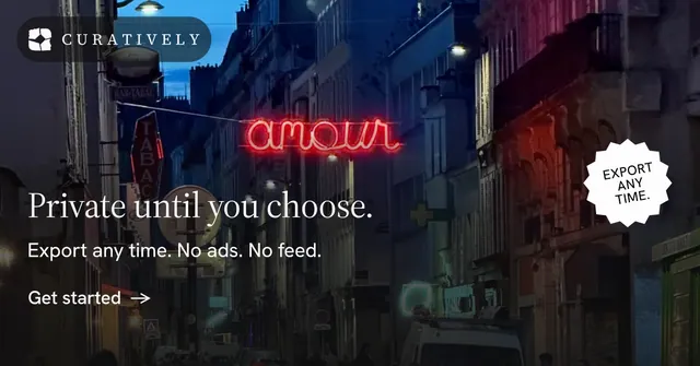 Social ad for Curatively: "Private until you choose." Minimal luxury style, sticker layout, dark palette in black, grey, red.