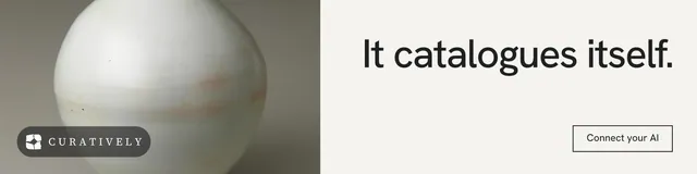 LinkedIn banner for Curatively: "It catalogues itself." Editorial style, right layout, light palette in white, grey.