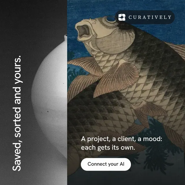 Instagram post for Curatively: "Saved, sorted and yours." Photo poster style, vertical layout, dark palette in black, grey.
