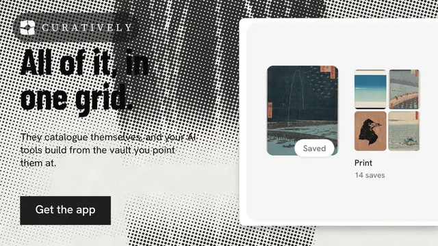 Landscape graphic for Curatively: "All of it, in one grid." Retro print style, bottom layout, light palette in grey, white.