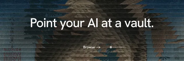 X header for Curatively: "Point your AI at a vault." Minimal luxury style, centred layout, dark palette in black, grey.