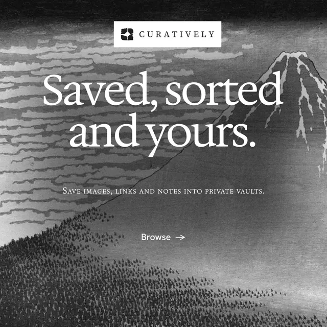 Instagram post for Curatively: "Saved, sorted and yours." Swiss style, smallcaps layout, dark palette in grey, black.