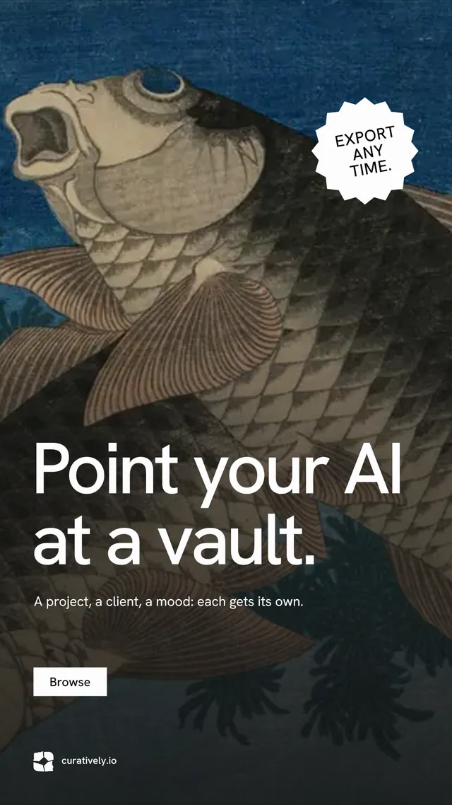 Instagram story for Curatively: "Point your AI at a vault." Swiss style, sticker layout, dark palette in black, grey, blue.