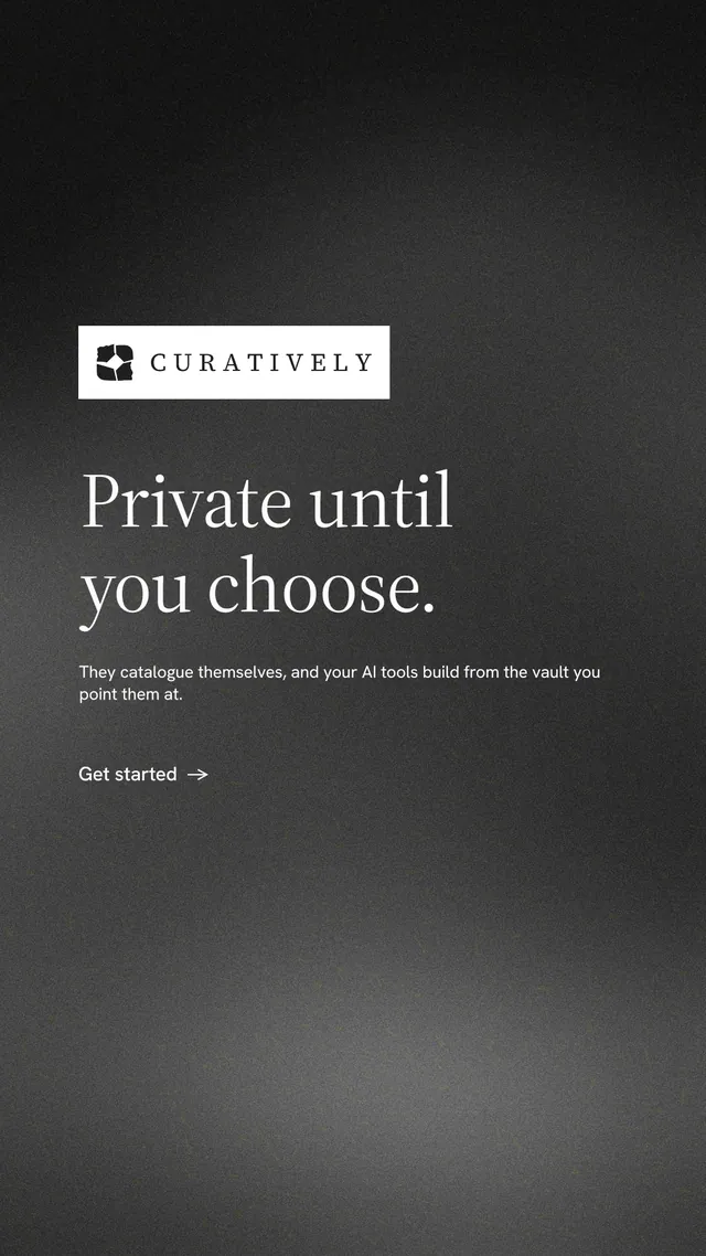Instagram story for Curatively: "Private until you choose." Minimal luxury style, announce layout, dark palette in grey, black.