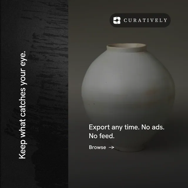 Instagram post for Curatively: "Keep what catches your eye." Minimal luxury style, vertical layout, dark palette in black, grey.