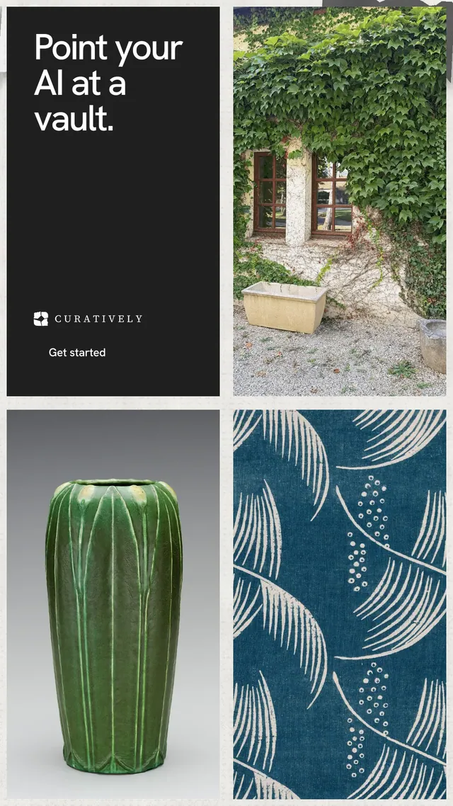 Instagram story for Curatively: "Point your AI at a vault." Swiss style, collage layout, dark palette in grey, black, teal.