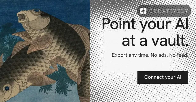 Social ad for Curatively: "Point your AI at a vault." Split block style, right layout, light palette in grey, blue, white.
