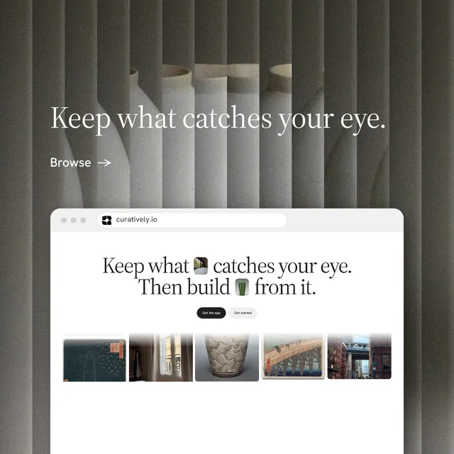 Instagram post for Curatively: "Keep what catches your eye." Minimal luxury style, browser layout, light palette in white, black, grey.