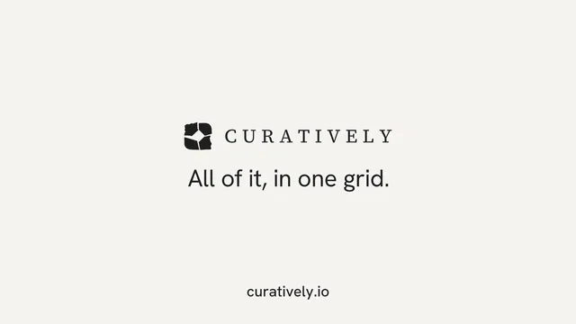 Landscape graphic for Curatively: "All of it, in one grid." Swiss style, end card layout, light palette in white.