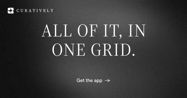 Social ad for Curatively: "All of it, in one grid." Minimal luxury style, centred layout, dark palette in black, grey.