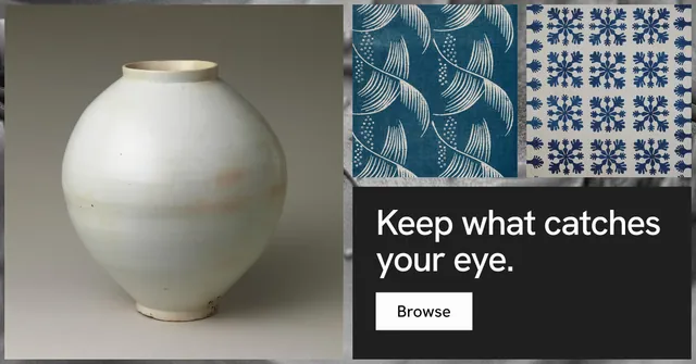 Social ad for Curatively: "Keep what catches your eye." Swiss style, collage layout, light palette in grey, black.