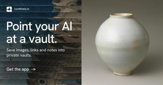 Social ad for Curatively: "Point your AI at a vault." Minimal luxury style, bottom layout, dark palette in black, grey.
