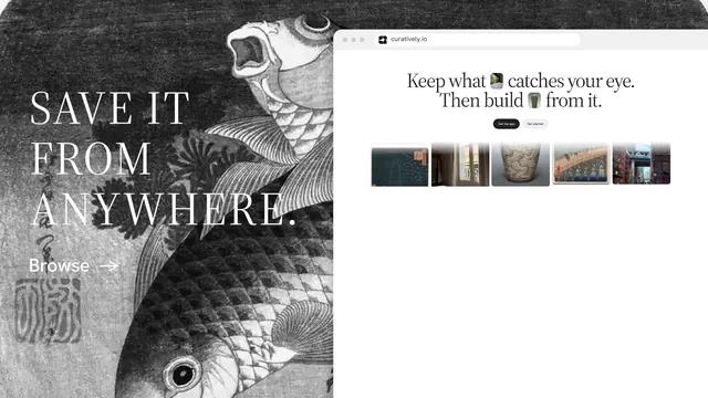 Landscape graphic for Curatively: "Save it from anywhere." Minimal luxury style, browser layout, light palette in white, black, grey.