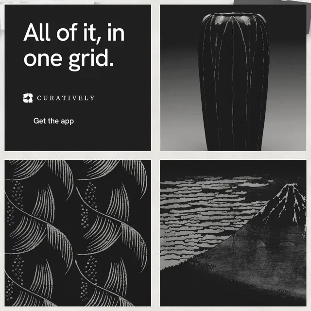 Instagram post for Curatively: "All of it, in one grid." Retro print style, collage layout, dark palette in black, grey, white.
