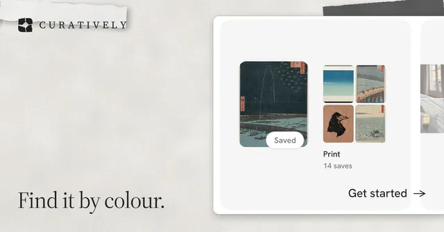 Social ad for Curatively: "Find it by colour." Editorial style, image led layout, light palette in white, grey.