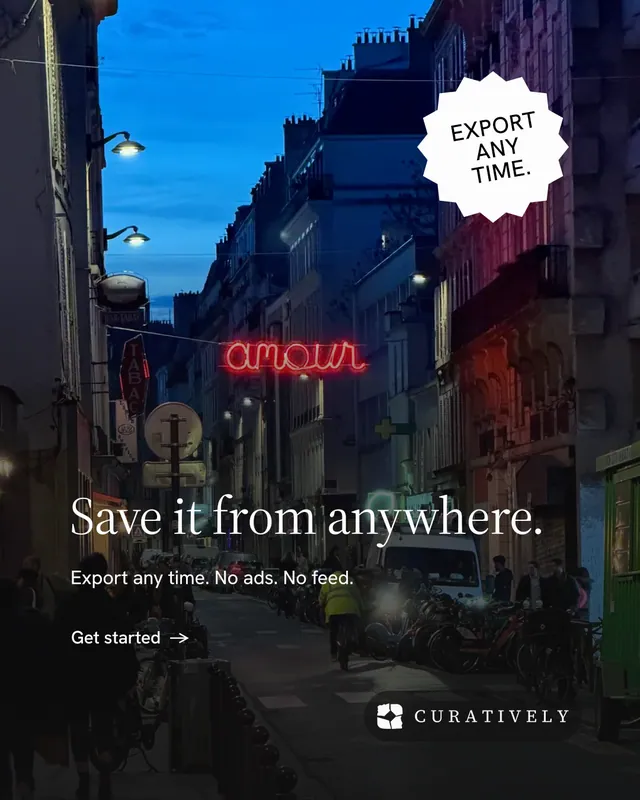Instagram portrait post for Curatively: "Save it from anywhere." Minimal luxury style, sticker layout, dark palette in black, blue.