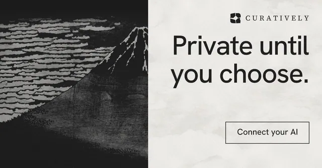 Social ad for Curatively: "Private until you choose." Editorial style, right layout, light palette in white, black, grey.