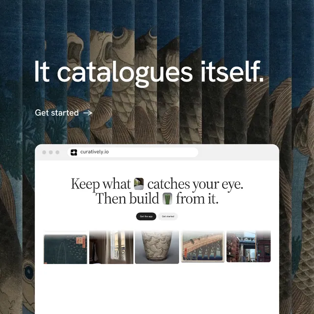 Instagram post for Curatively: "It catalogues itself." Minimal luxury style, browser layout, light palette in blue, black, white.