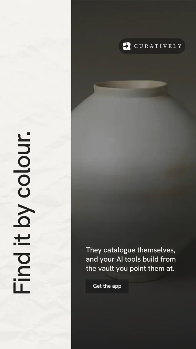 Instagram story for Curatively: "Find it by colour." Swiss style, vertical layout, light palette in black, grey, white.