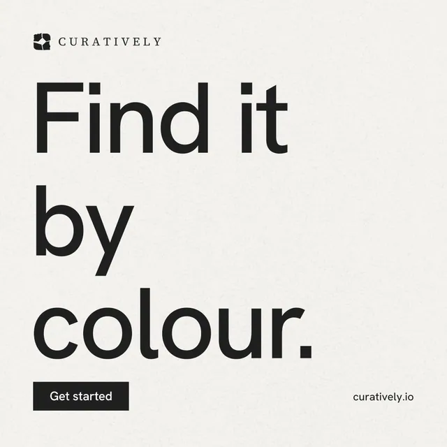 Instagram post for Curatively: "Find it by colour." Swiss style, poster layout, light palette in white, grey.