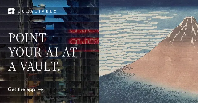 Social ad for Curatively: "Point your AI at a vault." Minimal luxury style, bottom layout, dark palette in grey, black, blue.
