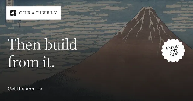 Social ad for Curatively: "Then build from it." Minimal luxury style, sticker layout, dark palette in black, grey.