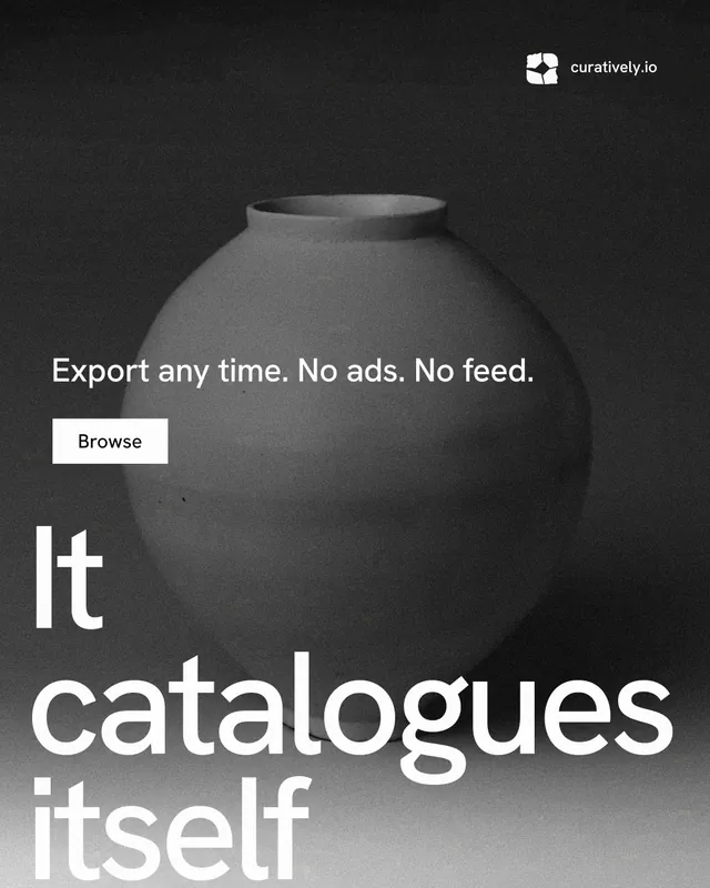 Instagram portrait post for Curatively: "Saved, sorted and yours." Swiss style, oversized layout, dark palette in black, grey.