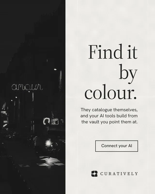 Instagram portrait post for Curatively: "Find it by colour." Editorial style, right layout, light palette in white, black.