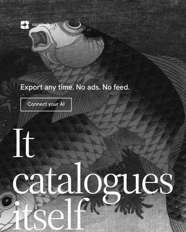 Instagram portrait post for Curatively: "It catalogues itself." Editorial style, oversized layout, dark palette in black, grey.