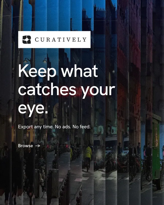 Instagram portrait post for Curatively: "Keep what catches your eye." Minimal luxury style, announce layout, dark palette in black, blue, grey.