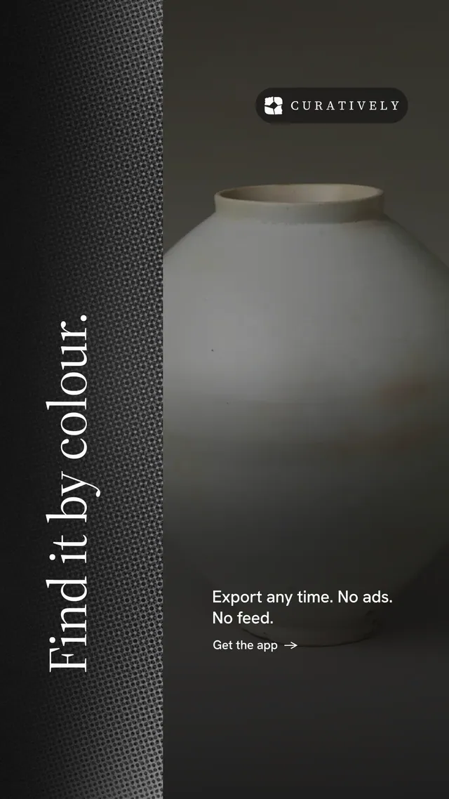 Instagram story for Curatively: "Find it by colour." Minimal luxury style, vertical layout, dark palette in black, grey.