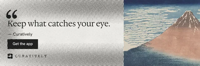 X header for Curatively: "Find it by colour." Swiss style, quote layout, light palette in grey, white.