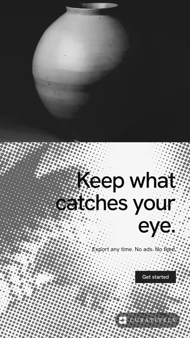 Instagram story for Curatively: "Keep what catches your eye." Swiss style, right layout, light palette in black, grey, white.