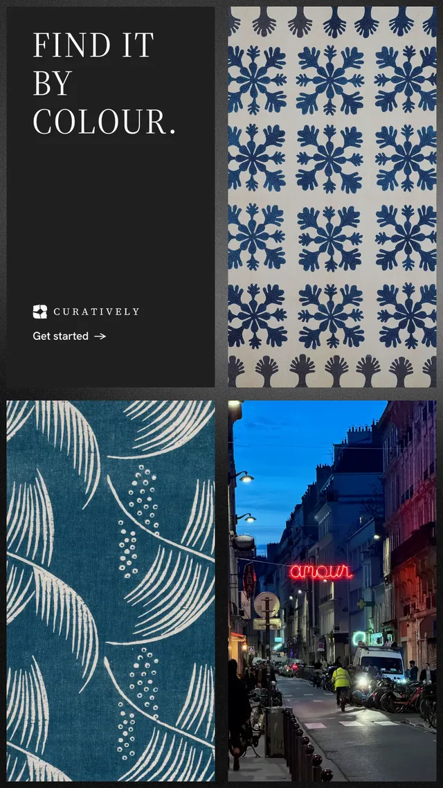 Instagram story for Curatively: "Find it by colour." Minimal luxury style, collage layout, dark palette in black, blue, grey.