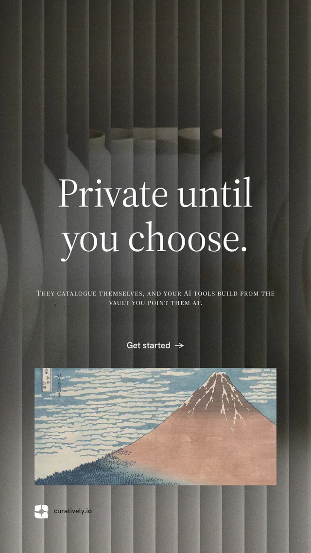 Instagram story for Curatively: "Private until you choose." Minimal luxury style, smallcaps layout, dark palette in grey, black.