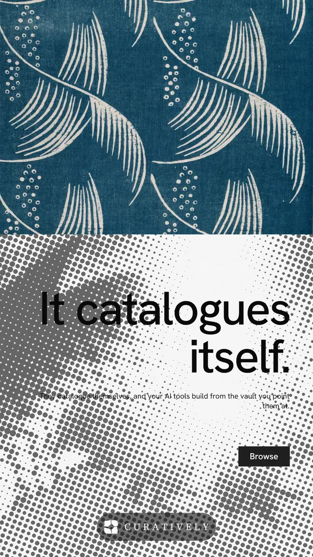 Instagram story for Curatively: "It catalogues itself." Split block style, right layout, light palette in blue, grey, white.
