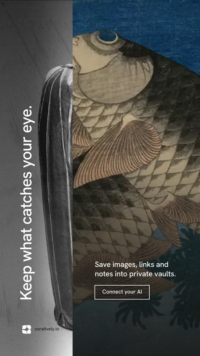 Instagram story for Curatively: "Keep what catches your eye." Editorial style, vertical layout, dark palette in black, grey.
