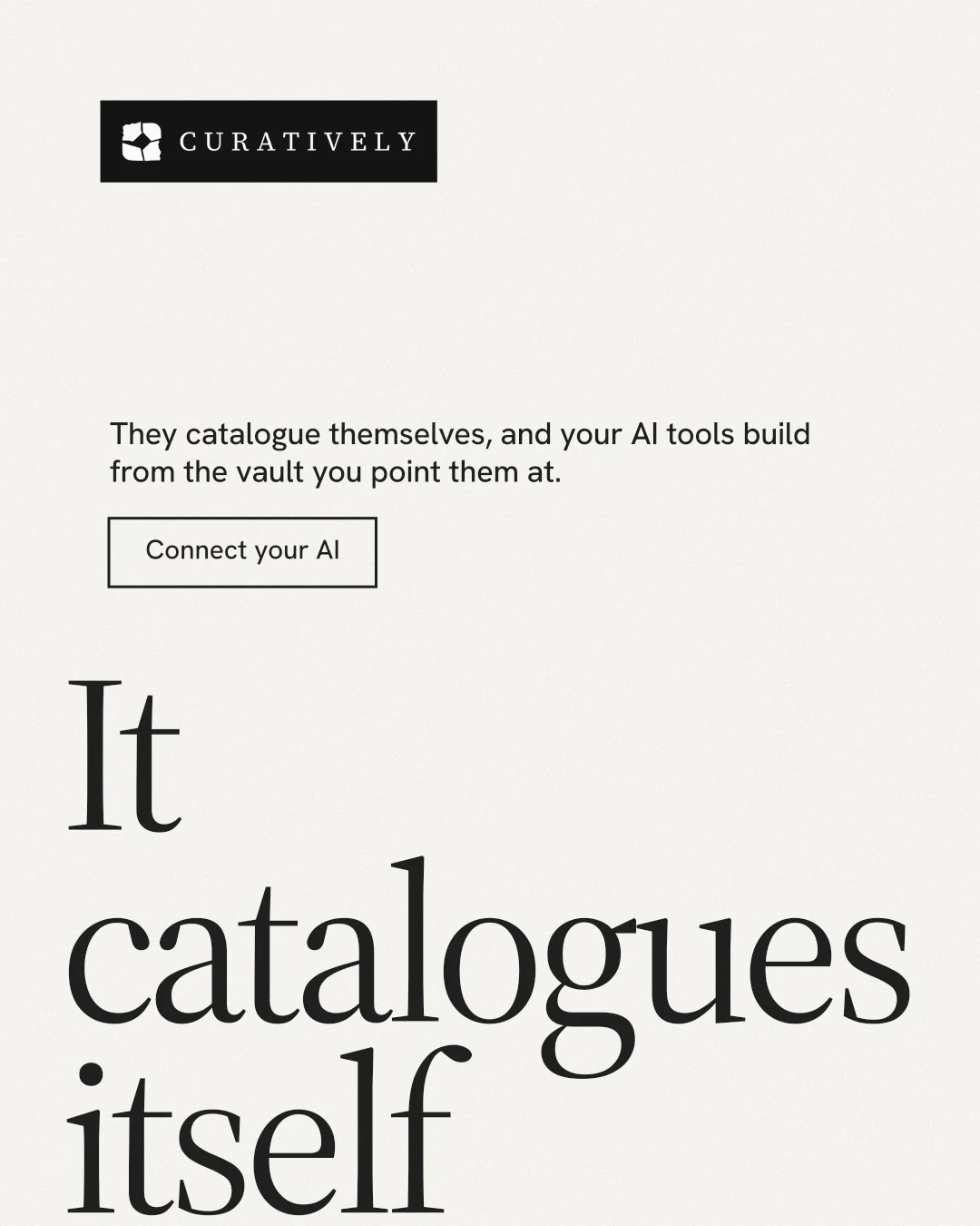 Instagram portrait post for Curatively: "Find it by colour." Editorial style, oversized layout, light palette in white, grey.