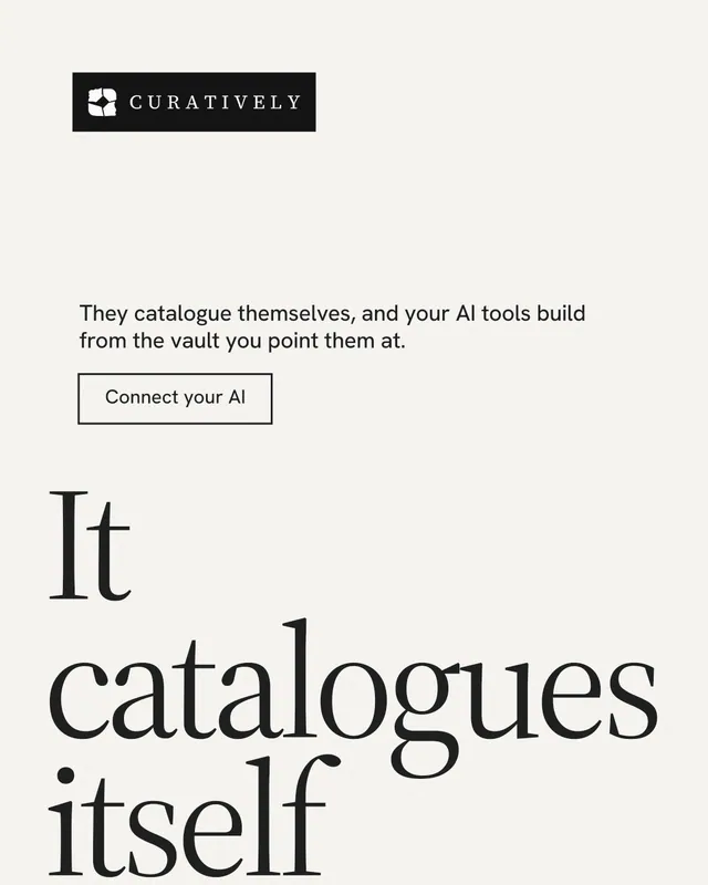 Instagram portrait post for Curatively: "Find it by colour." Editorial style, oversized layout, light palette in white, grey.