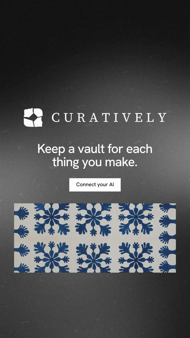 Instagram story for Curatively: "Keep a vault for each thing you make." Swiss style, logo hero layout, dark palette in black, grey.