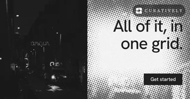 Social ad for Curatively: "All of it, in one grid." Swiss style, right layout, light palette in white, black, grey.