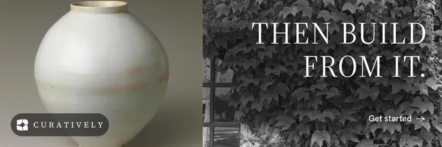 X header for Curatively: "Then build from it." Minimal luxury style, right layout, dark palette in grey, black.