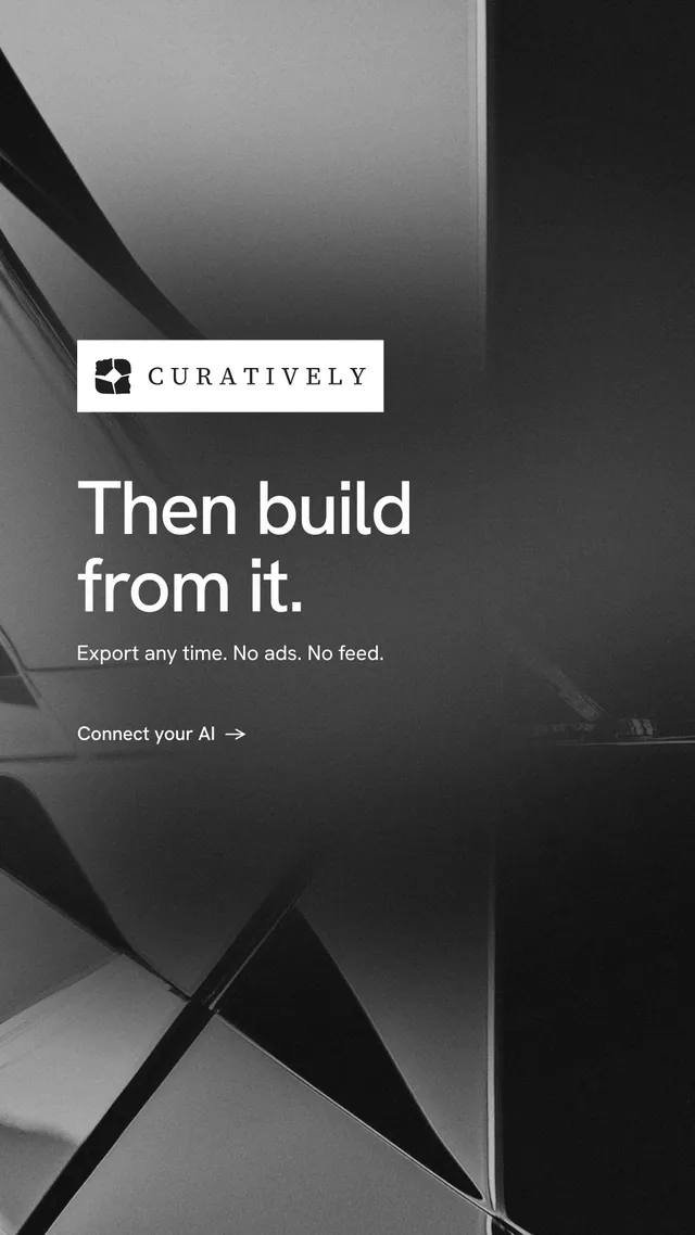 Instagram story for Curatively: "Then build from it." Minimal luxury style, announce layout, dark palette in black, grey.